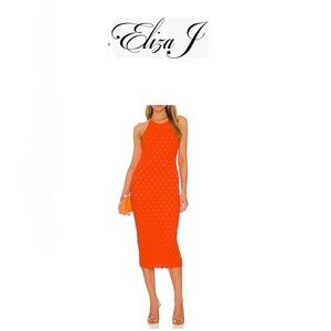 Eliza J Vibrant Orange Halter Midi Sheath Crochet Dress L